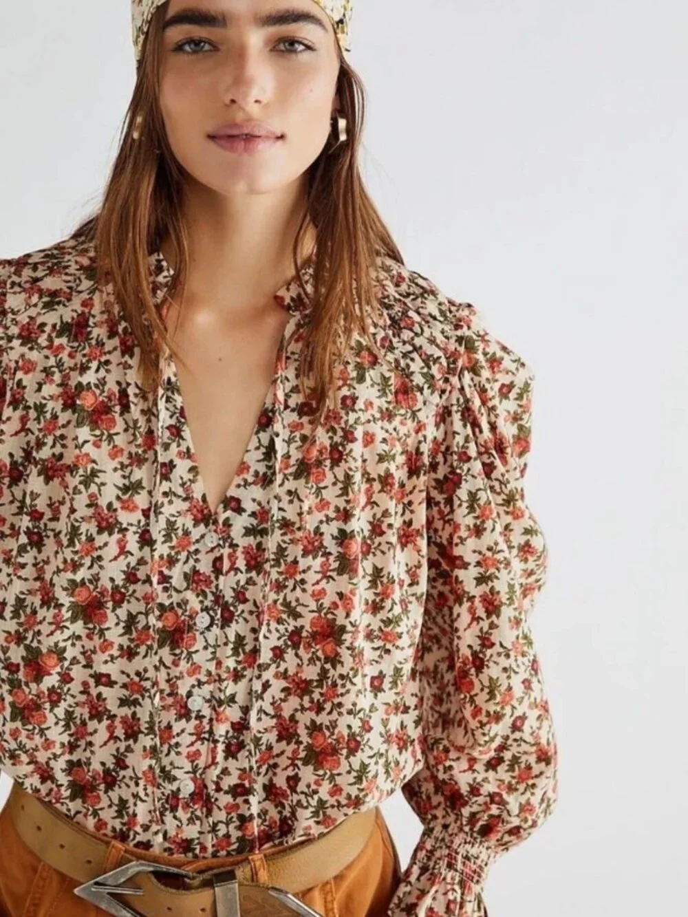Free People “Meant to Be” Floral Blouse Puff sleeves Cream Red Floral print XS